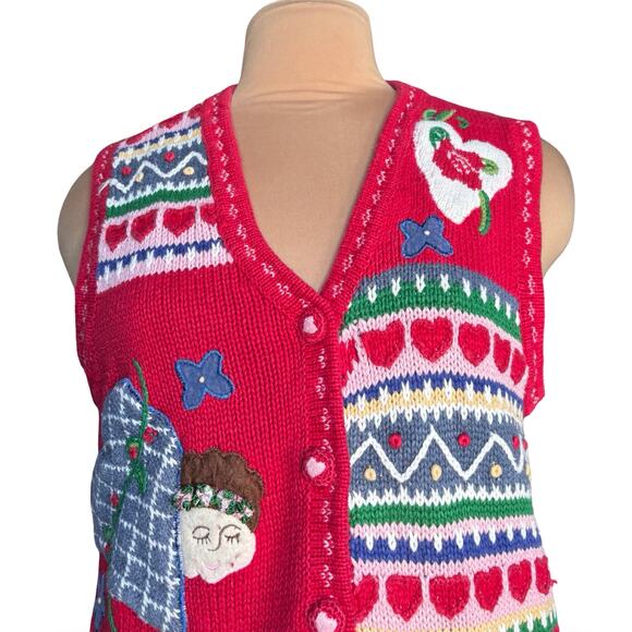 Vintage Karen Scott Red Knit Heart Patchwork Folk Art Sweater Vest Large Cozy - Picture 2 of 16
